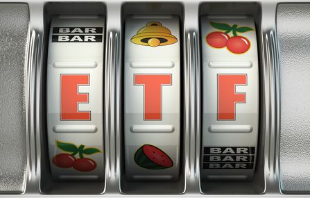 ETF exchange traded fund as jackpot on a slot machine, Successful and profitable investments concept. 3d illustration
